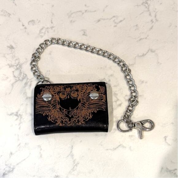 Vintage 90s black leather trifold biker chain wallet skull design goth grunge - Picture 1 of 11
